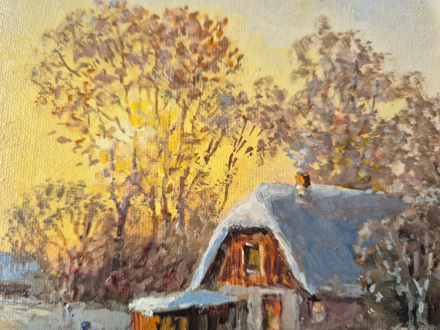 Ernst Gruber (geb. 1935) Ölgemälde Winterliche Dorfszene im Abendrot