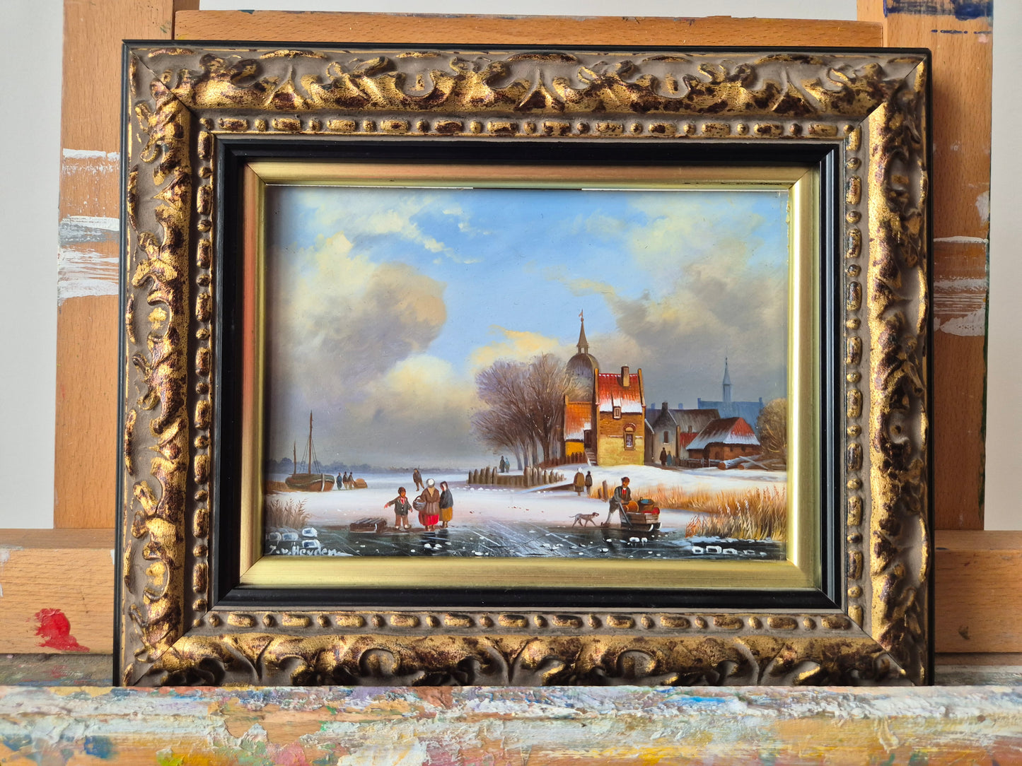 J.v. Heyden (XX)  Ölgemälde Winterlandschaft mit Dorf 21x27cm