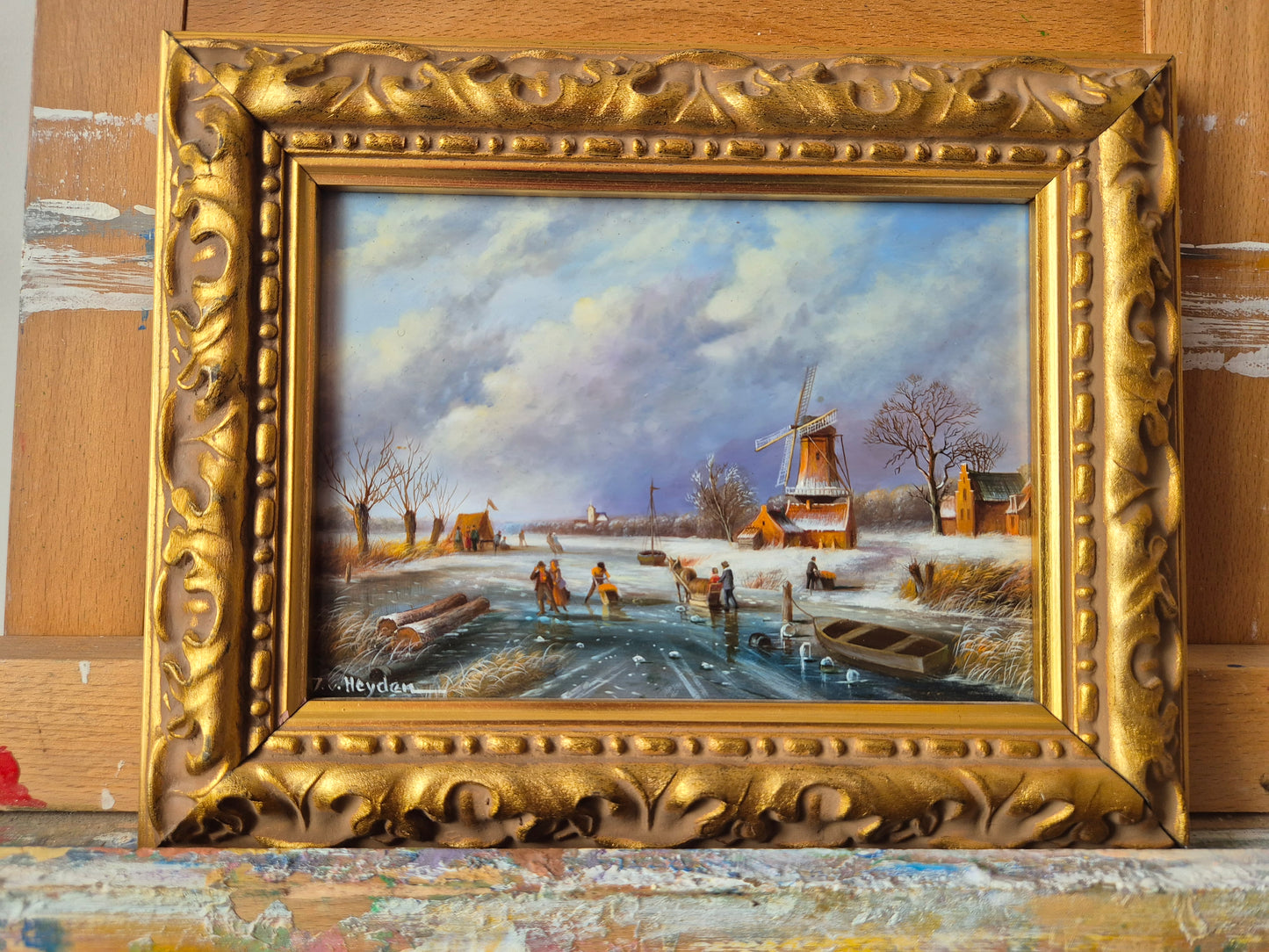 J.v. Heyden (XX) Ölgemälde Holländische Winterlandschaft mit Windmühle