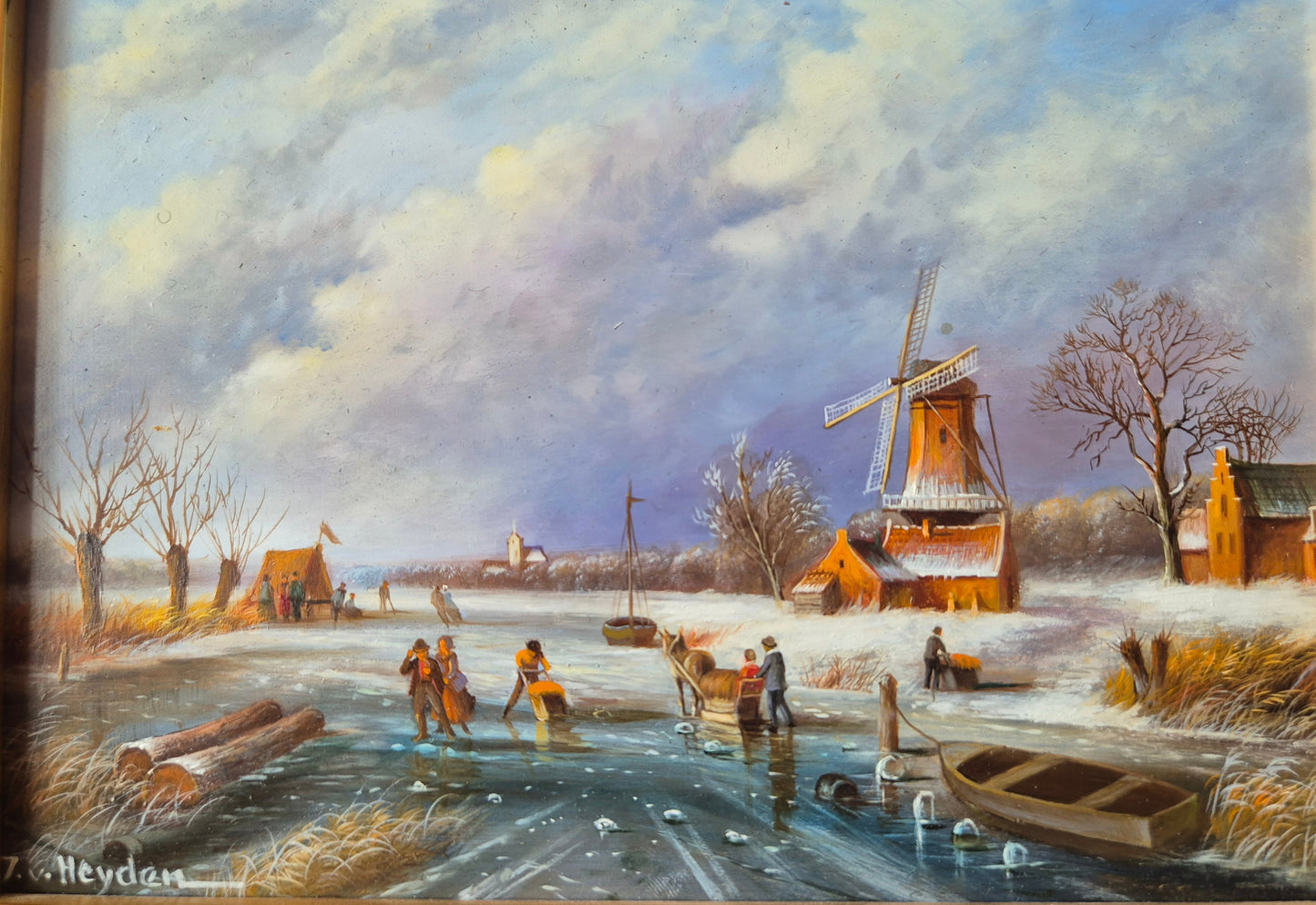 J.v. Heyden (XX) Ölgemälde Holländische Winterlandschaft mit Windmühle
