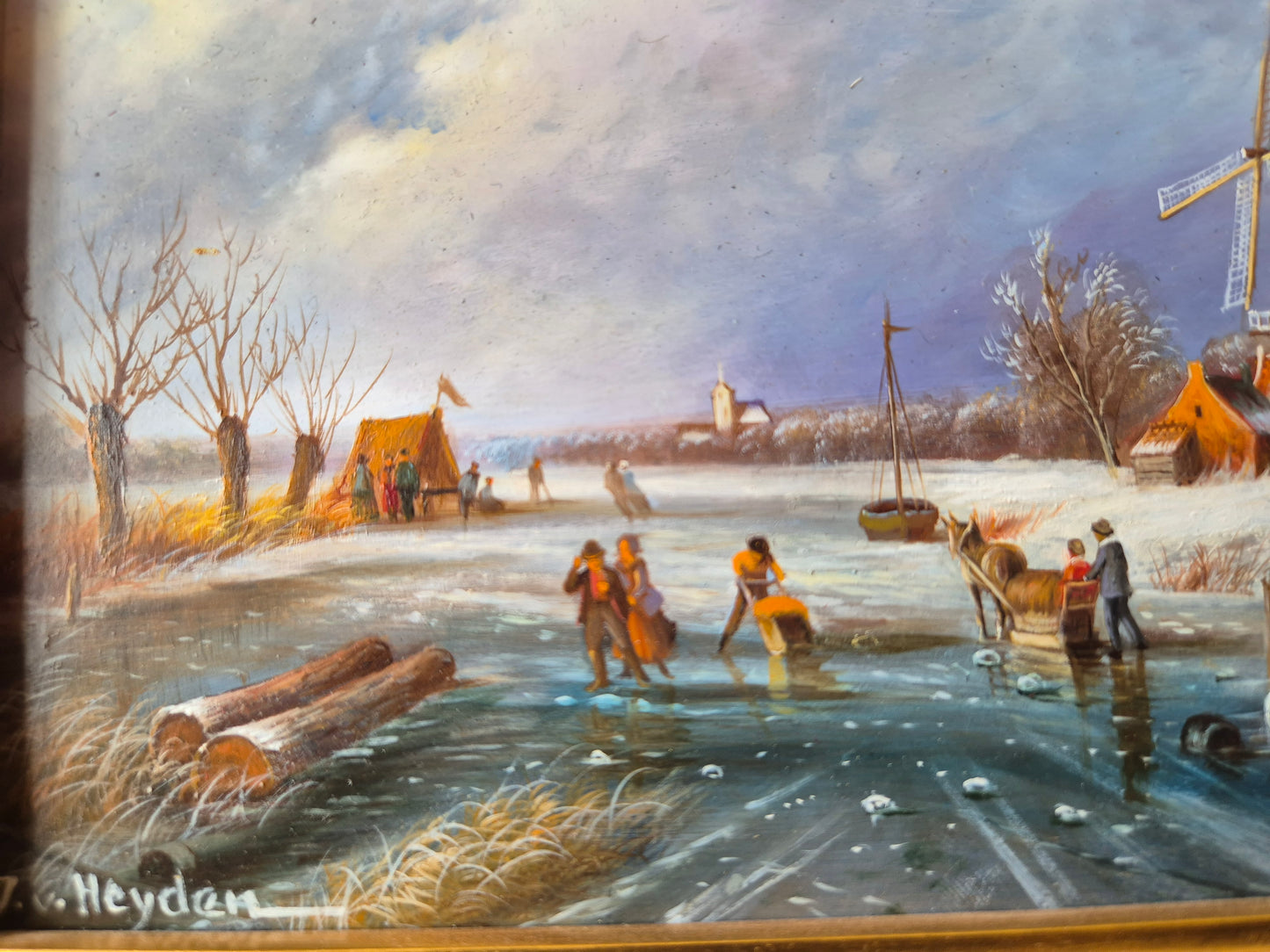 J.v. Heyden (XX) Ölgemälde Holländische Winterlandschaft mit Windmühle