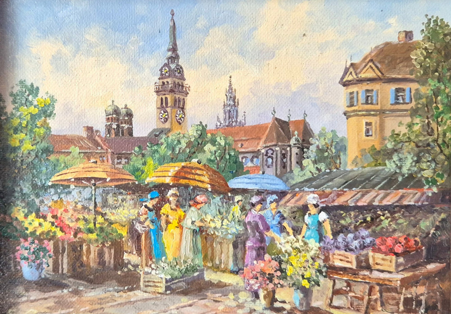 Ernst Gruber (geb. 1935) Ölgemälde Buntes Treiben auf dem Marktplatz
