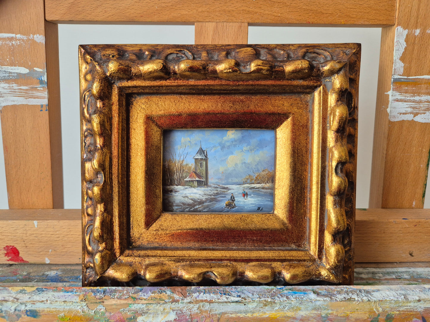 Europäische Schule (XX) Ölgemälde kleine Winterlandschaft Signiert