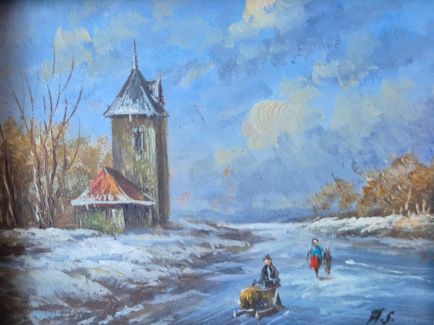 Europäische Schule (XX) Ölgemälde kleine Winterlandschaft Signiert