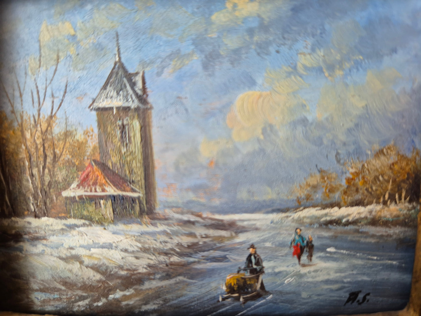 Europäische Schule (XX) Ölgemälde kleine Winterlandschaft Signiert