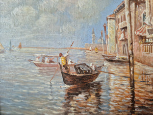Italienische Schule (XX) Ölgemälde Idyllische Szene Gondel vor Venedig