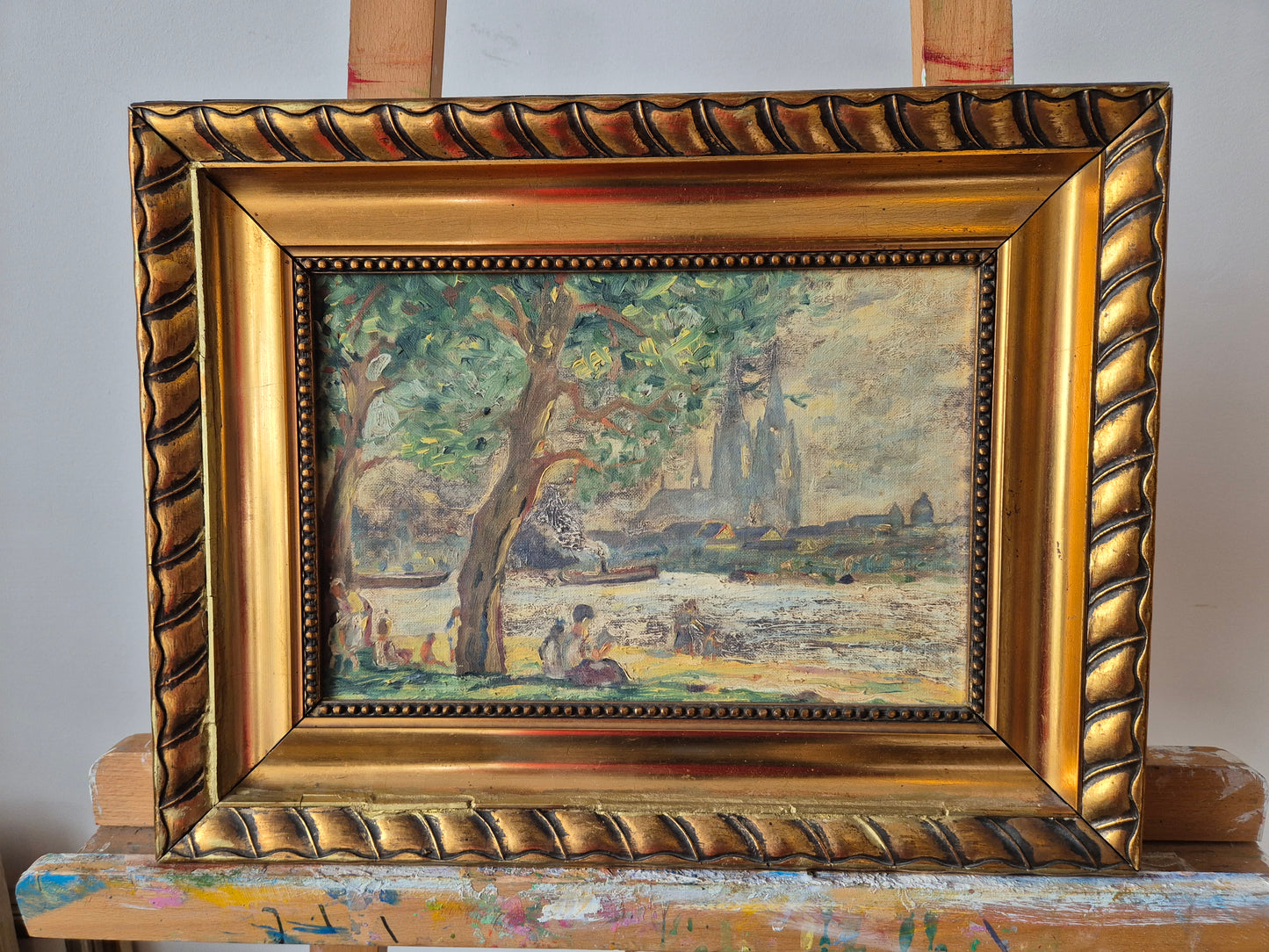 Deutsche Schule (XX) Ölgemälde Rheinufer Kölner Dom 33x44cm