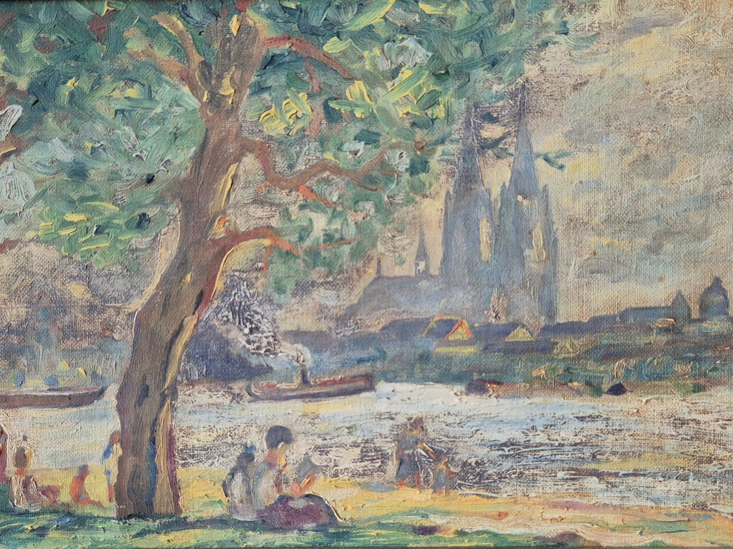 Deutsche Schule (XX) Ölgemälde Rheinufer Kölner Dom 33x44cm