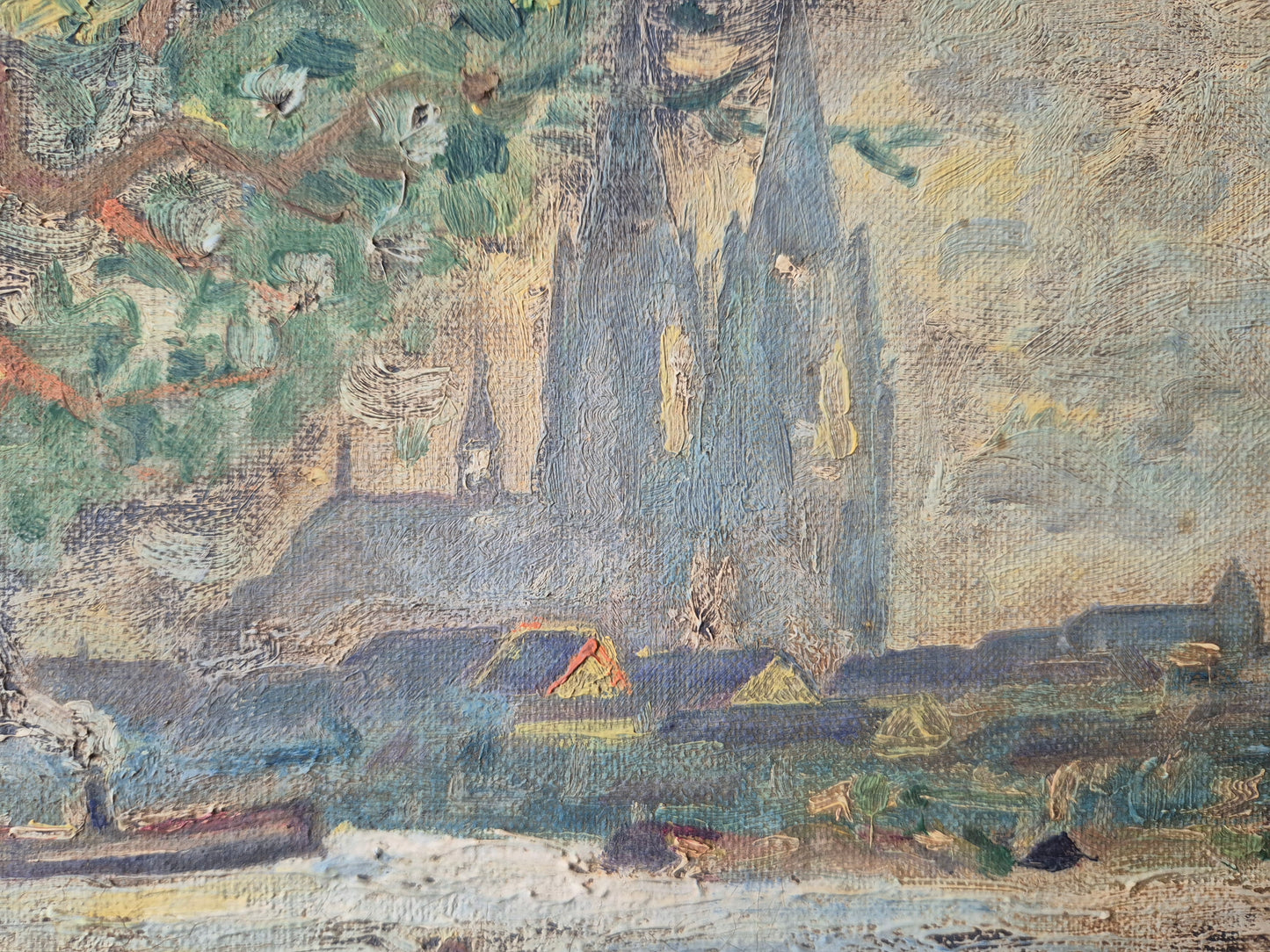 Deutsche Schule (XX) Ölgemälde Rheinufer Kölner Dom 33x44cm
