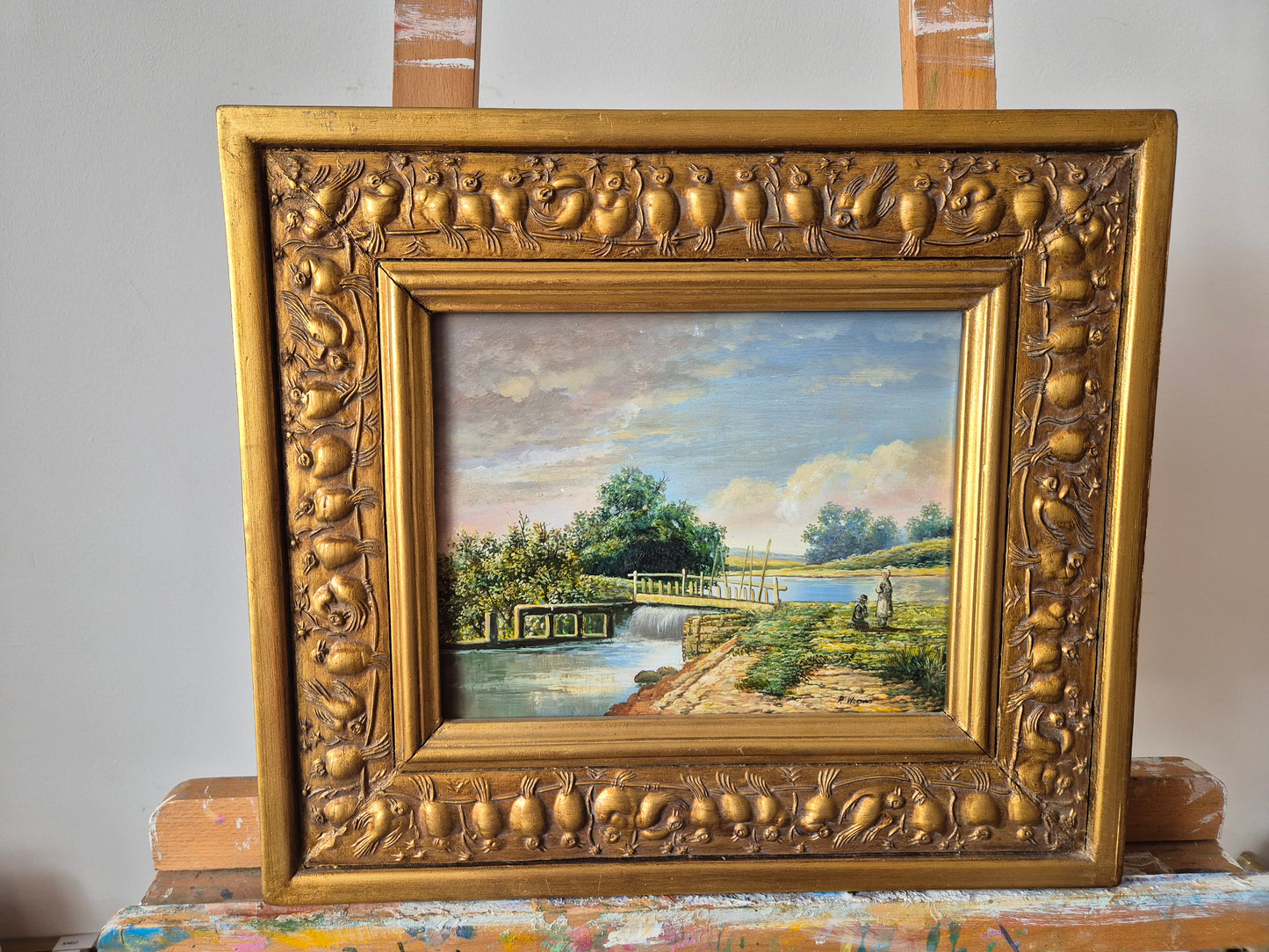 Europäische Schule (XX) Ölgemälde Flussufer mit Brücke und Personen