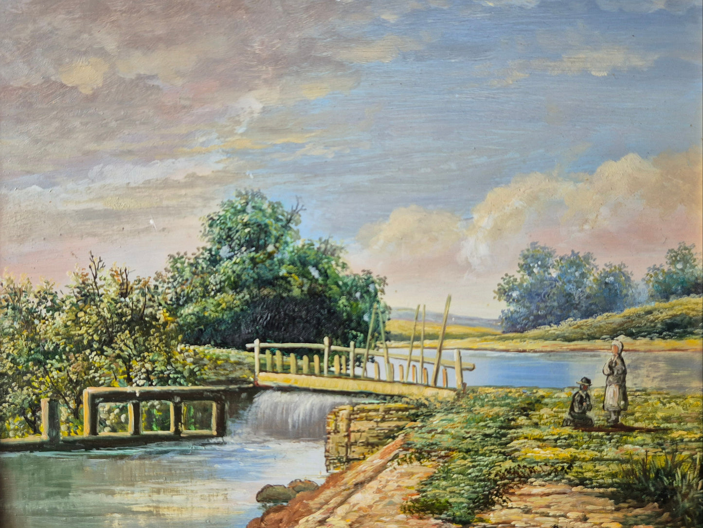 Europäische Schule (XX) Ölgemälde Flussufer mit Brücke und Personen