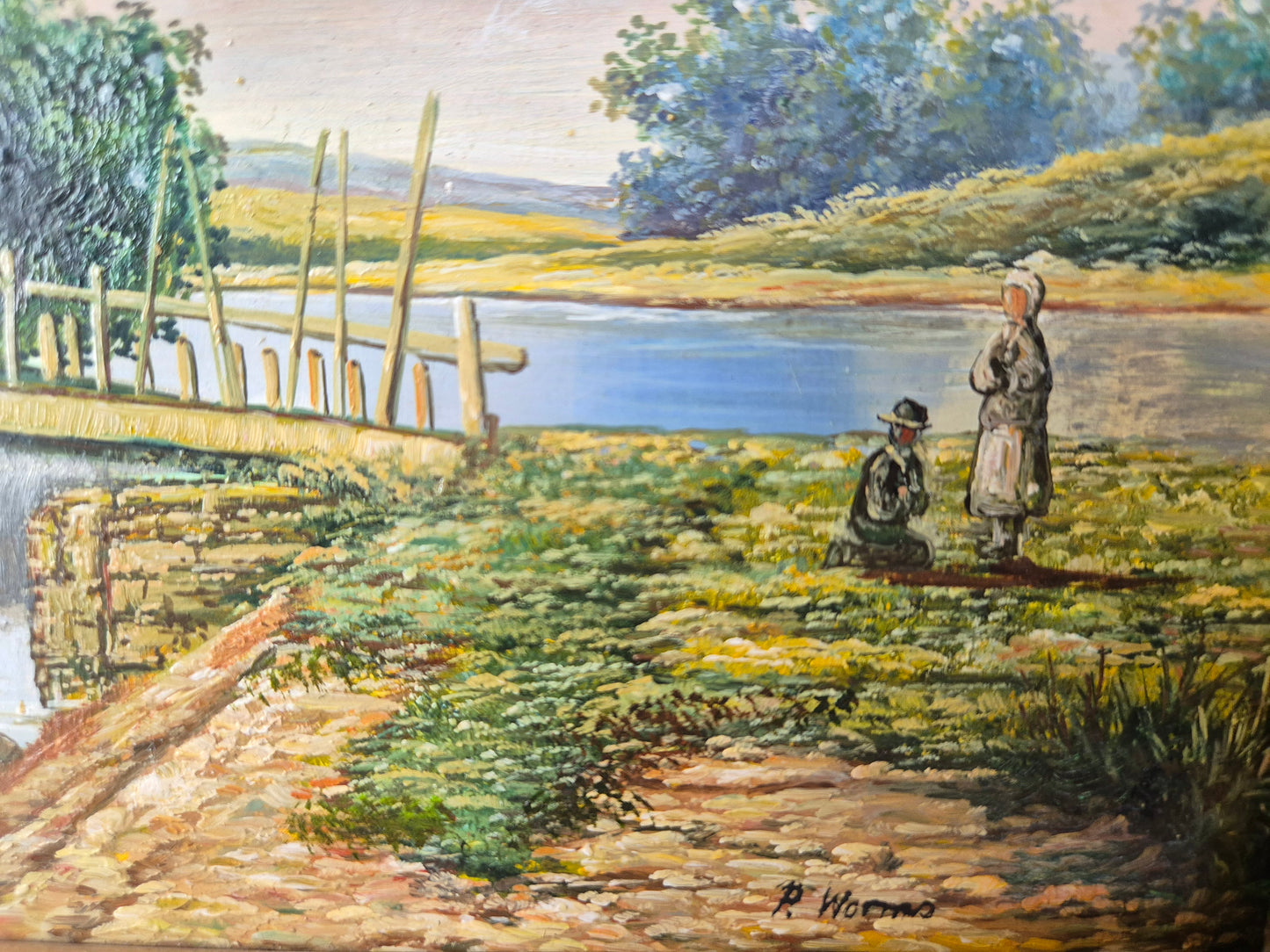 Europäische Schule (XX) Ölgemälde Flussufer mit Brücke und Personen