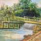 Europäische Schule (XX) Ölgemälde Flussufer mit Brücke und Personen