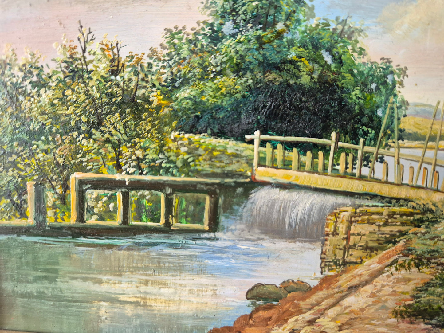 Europäische Schule (XX) Ölgemälde Flussufer mit Brücke und Personen