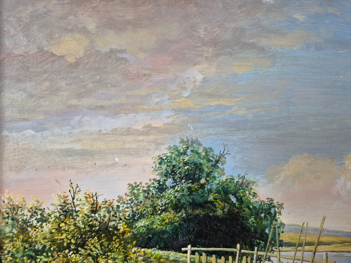 Europäische Schule (XX) Ölgemälde Flussufer mit Brücke und Personen