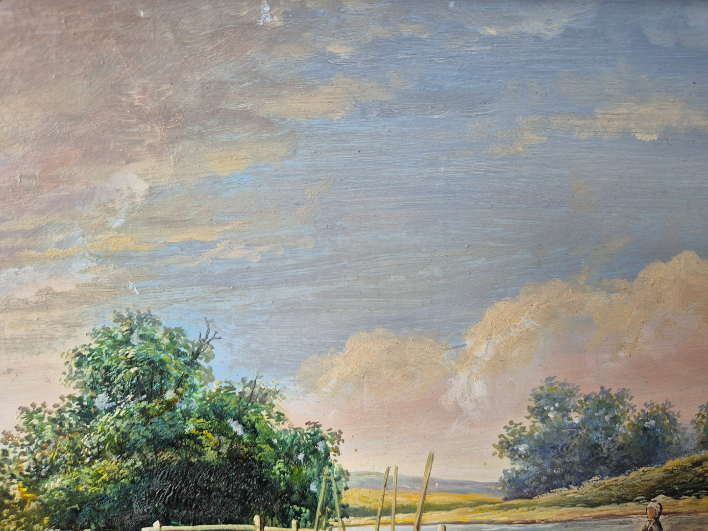 Europäische Schule (XX) Ölgemälde Flussufer mit Brücke und Personen