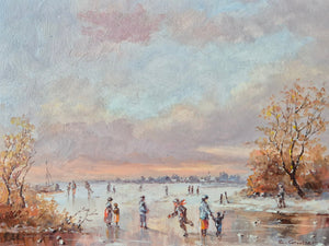 Ernst Gruber (1935) Ölgemälde Winterliche Szene mit Schlittschuhläufern