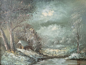 Europäische Schule (XX) Ölgemälde Winterabend am Bach mit Haus 25x31cm