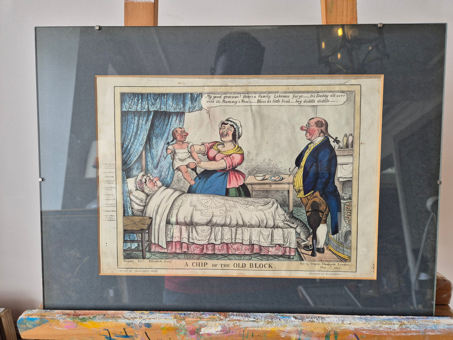 Alte Grafik Karikatur Szene Cheapside London A Chip of the Old Block