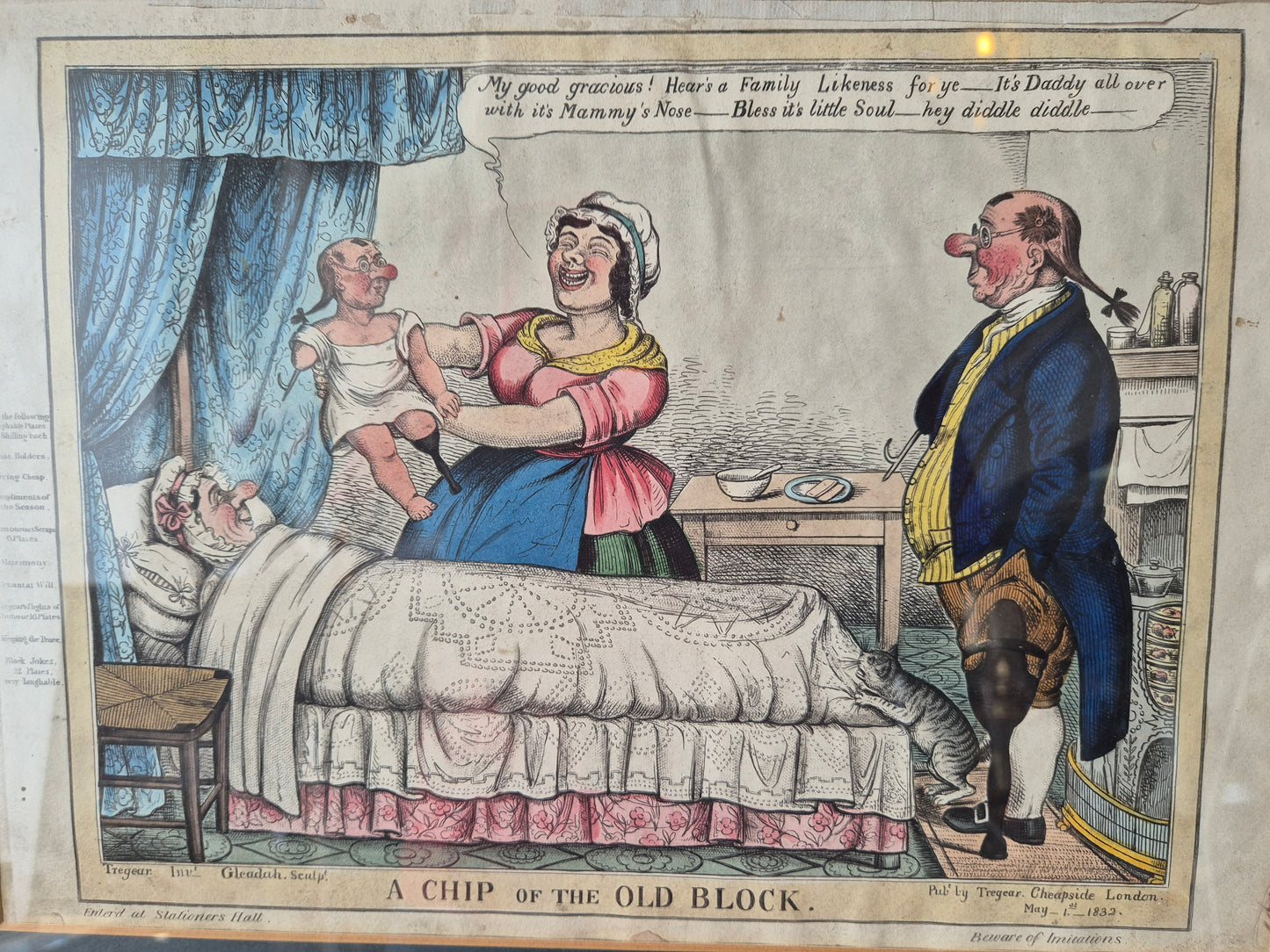 Alte Grafik Karikatur Szene Cheapside London A Chip of the Old Block