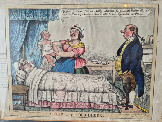 Alte Grafik Karikatur Szene Cheapside London A Chip of the Old Block