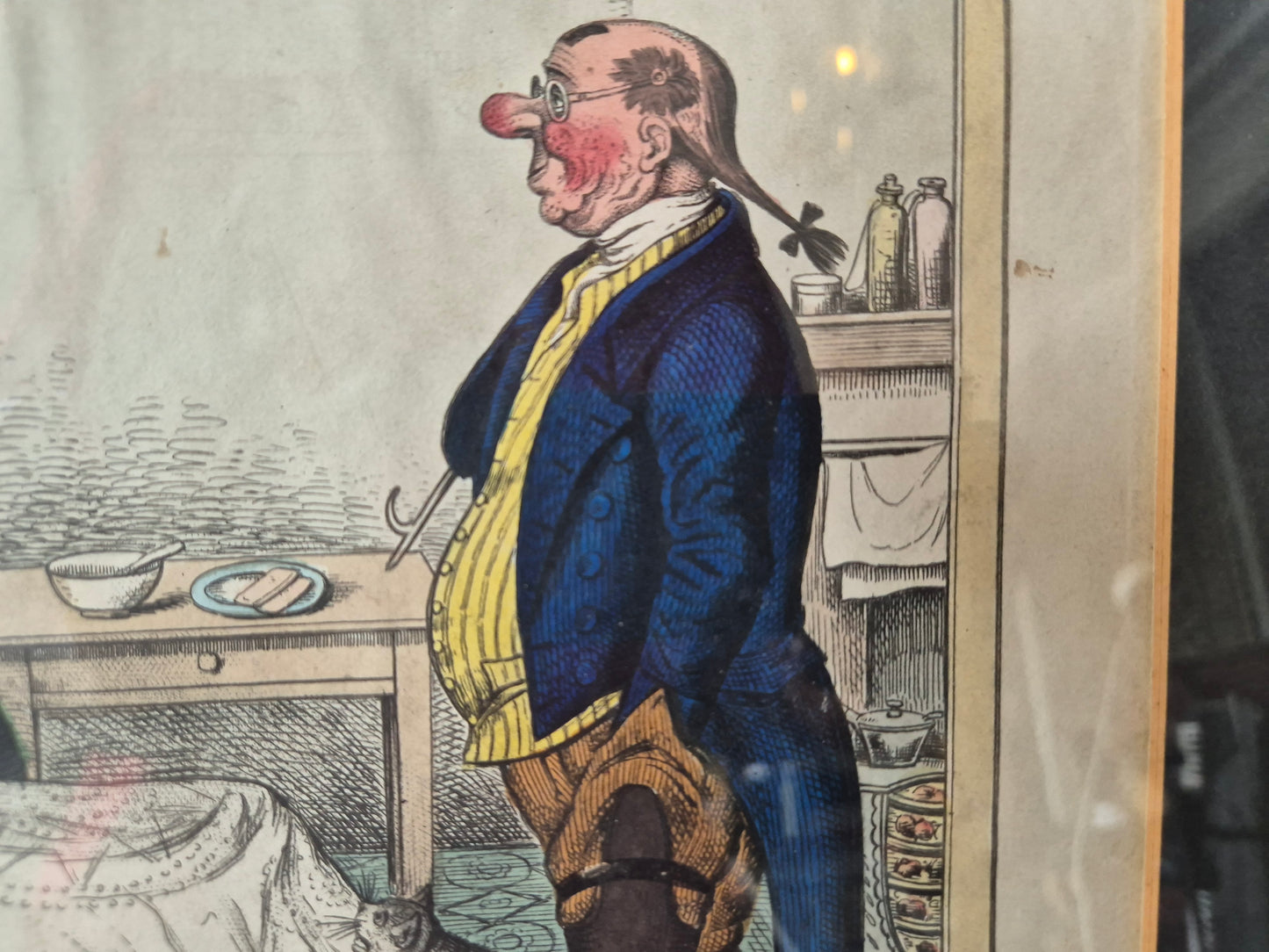 Alte Grafik Karikatur Szene Cheapside London A Chip of the Old Block