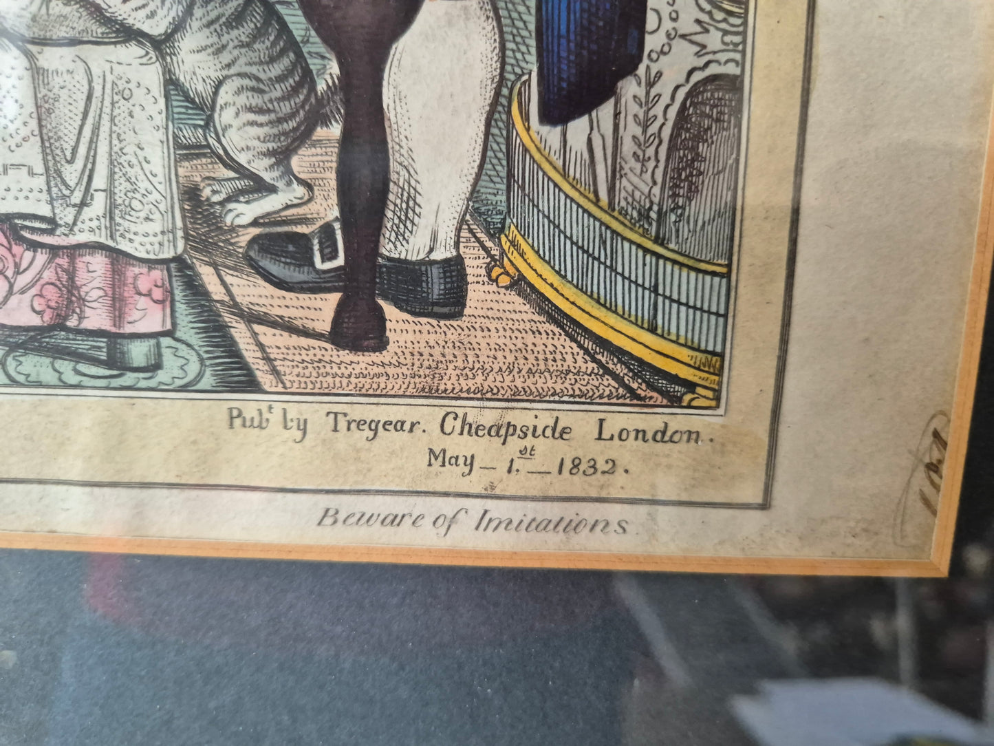 Alte Grafik Karikatur Szene Cheapside London A Chip of the Old Block