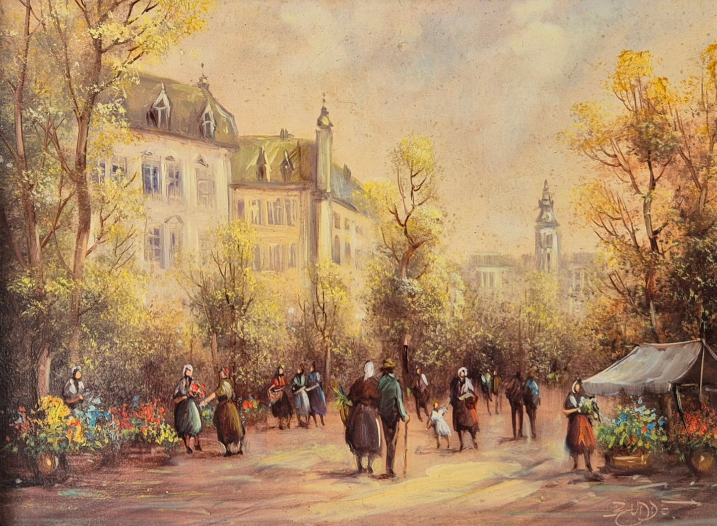 Rudolf Budde (geb. 1953) Ölgemälde Herbstlicher Marktplatz Blumenmarkt