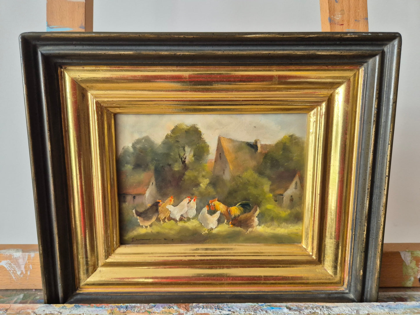 Charlotte Schmor (XX) Ölgemälde Bäuerliche Idylle mit Hühnern