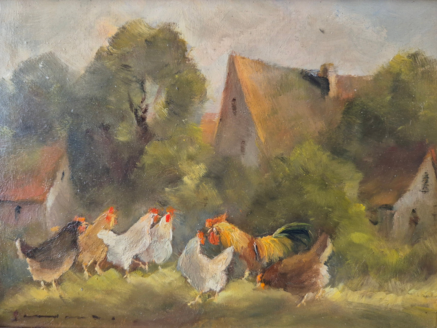 Charlotte Schmor (XX) Ölgemälde Bäuerliche Idylle mit Hühnern