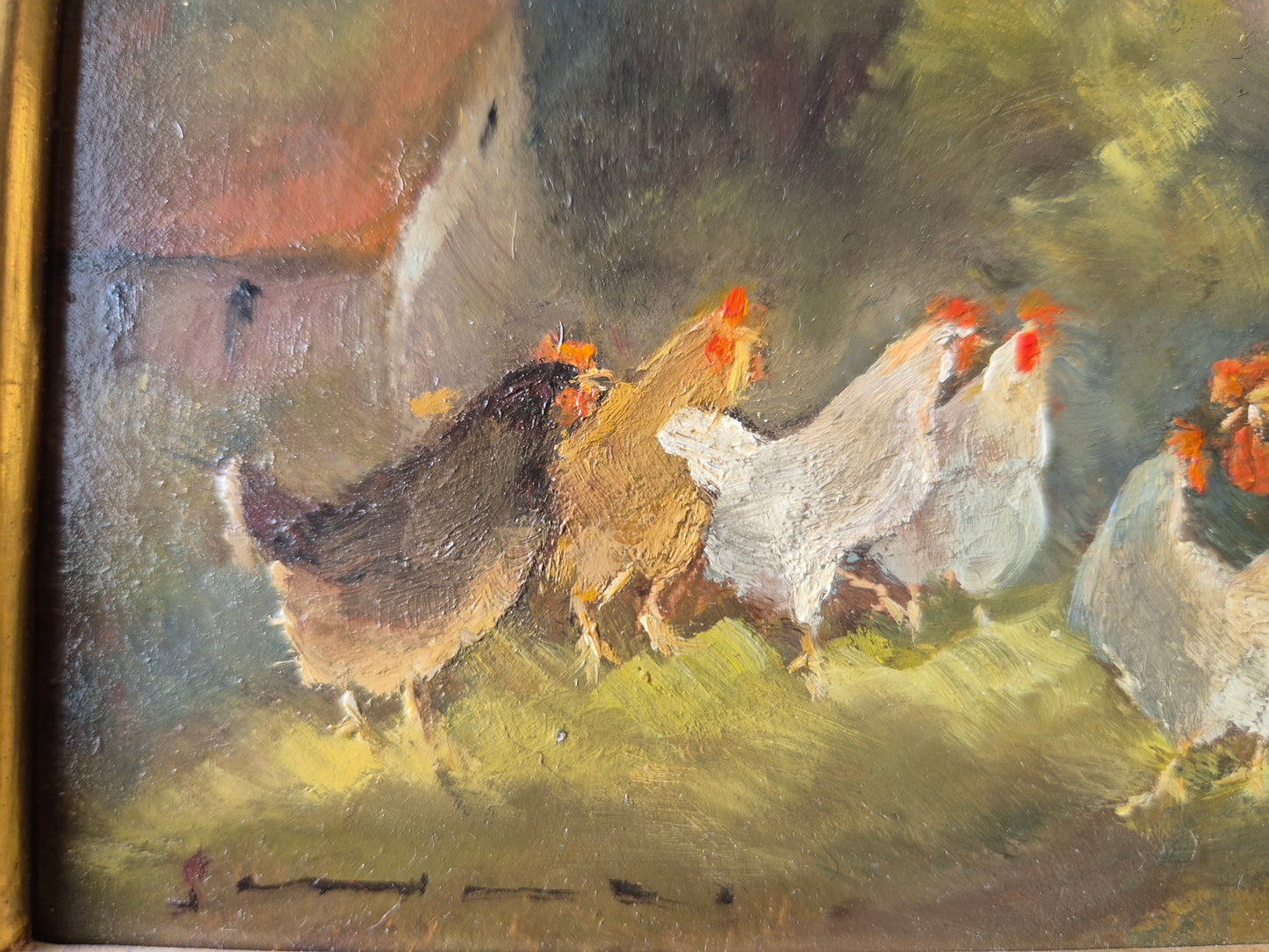 Charlotte Schmor (XX) Ölgemälde Bäuerliche Idylle mit Hühnern