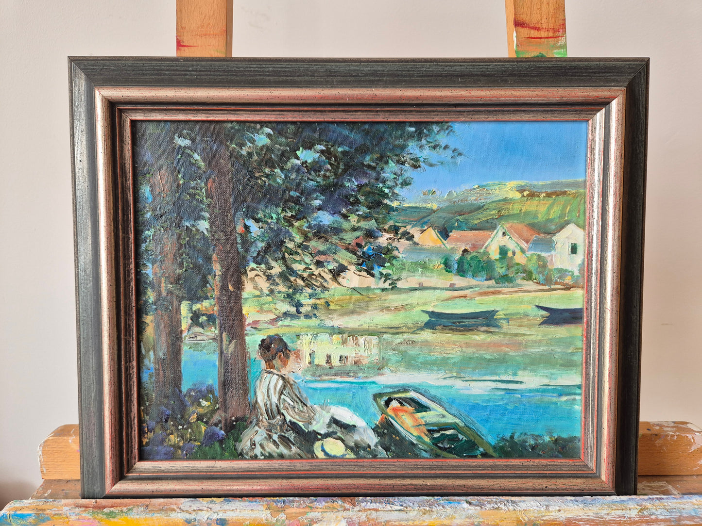 Europäische Schule (XX) Ölgemälde Die Ruhe am See 36 x 45 cm