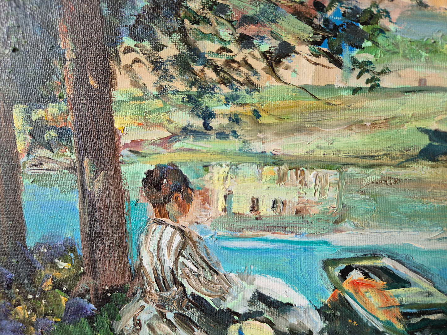 Europäische Schule (XX) Ölgemälde Die Ruhe am See 36 x 45 cm