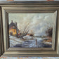 Ölgemälde Winterlandschaft Dorfszene mit Schlittschuhläufern Handsigniert