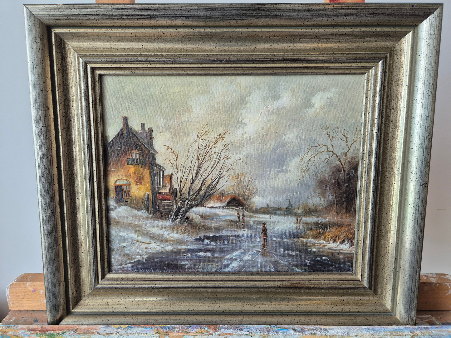 Ölgemälde Winterlandschaft Dorfszene mit Schlittschuhläufern Handsigniert