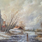 Ölgemälde Winterlandschaft Dorfszene mit Schlittschuhläufern Handsigniert