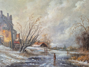 Ölgemälde Winterlandschaft Dorfszene mit Schlittschuhläufern Handsigniert