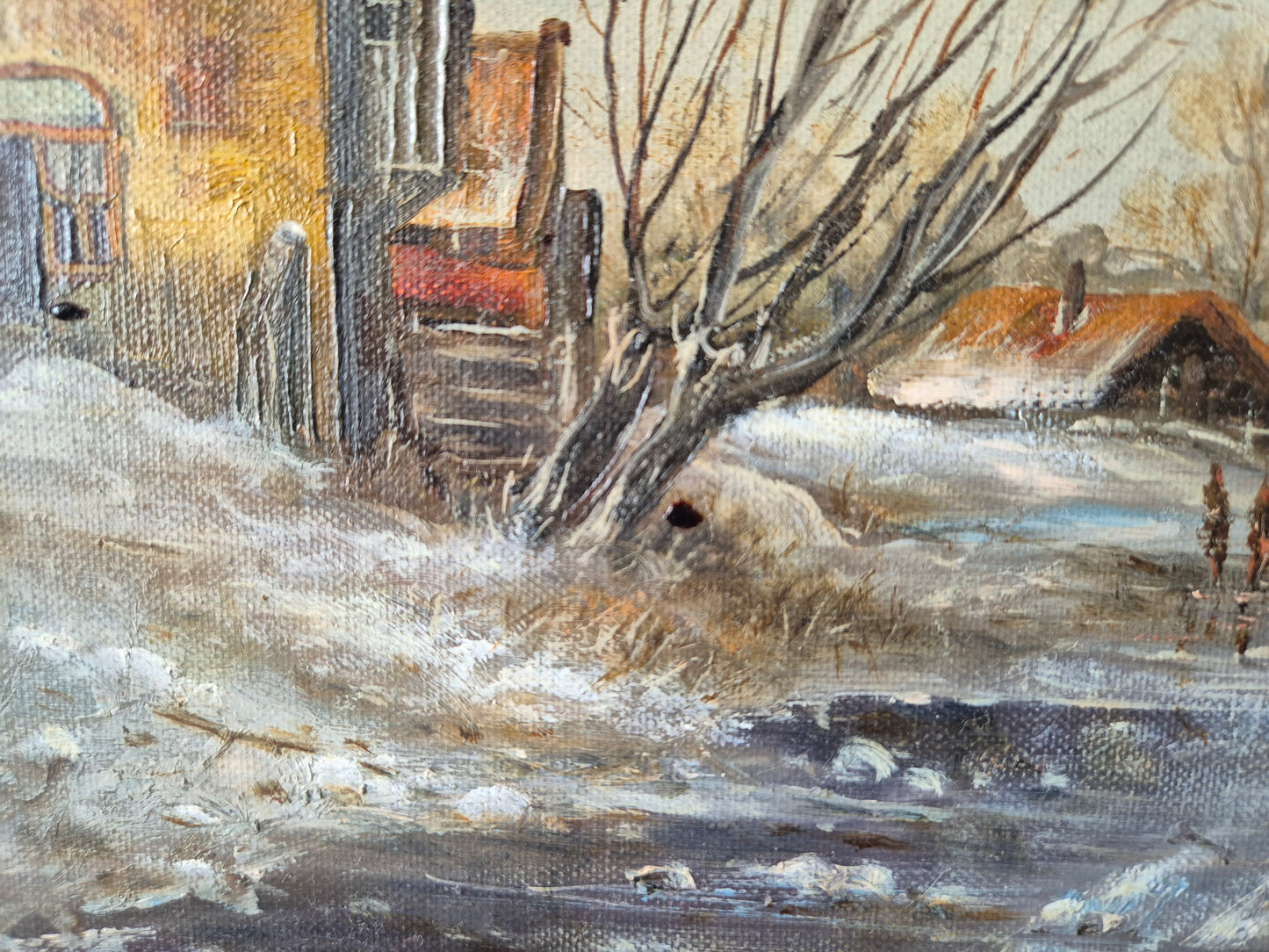 Ölgemälde Winterlandschaft Dorfszene mit Schlittschuhläufern Handsigniert