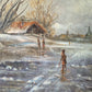 Ölgemälde Winterlandschaft Dorfszene mit Schlittschuhläufern Handsigniert