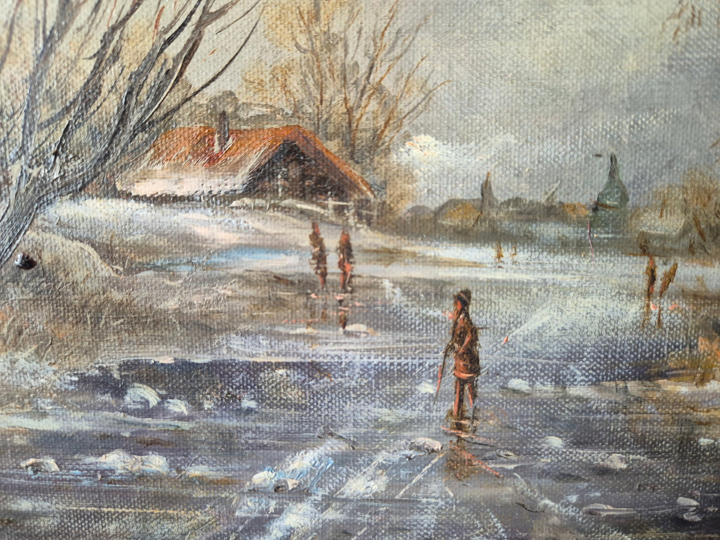 Ölgemälde Winterlandschaft Dorfszene mit Schlittschuhläufern Handsigniert
