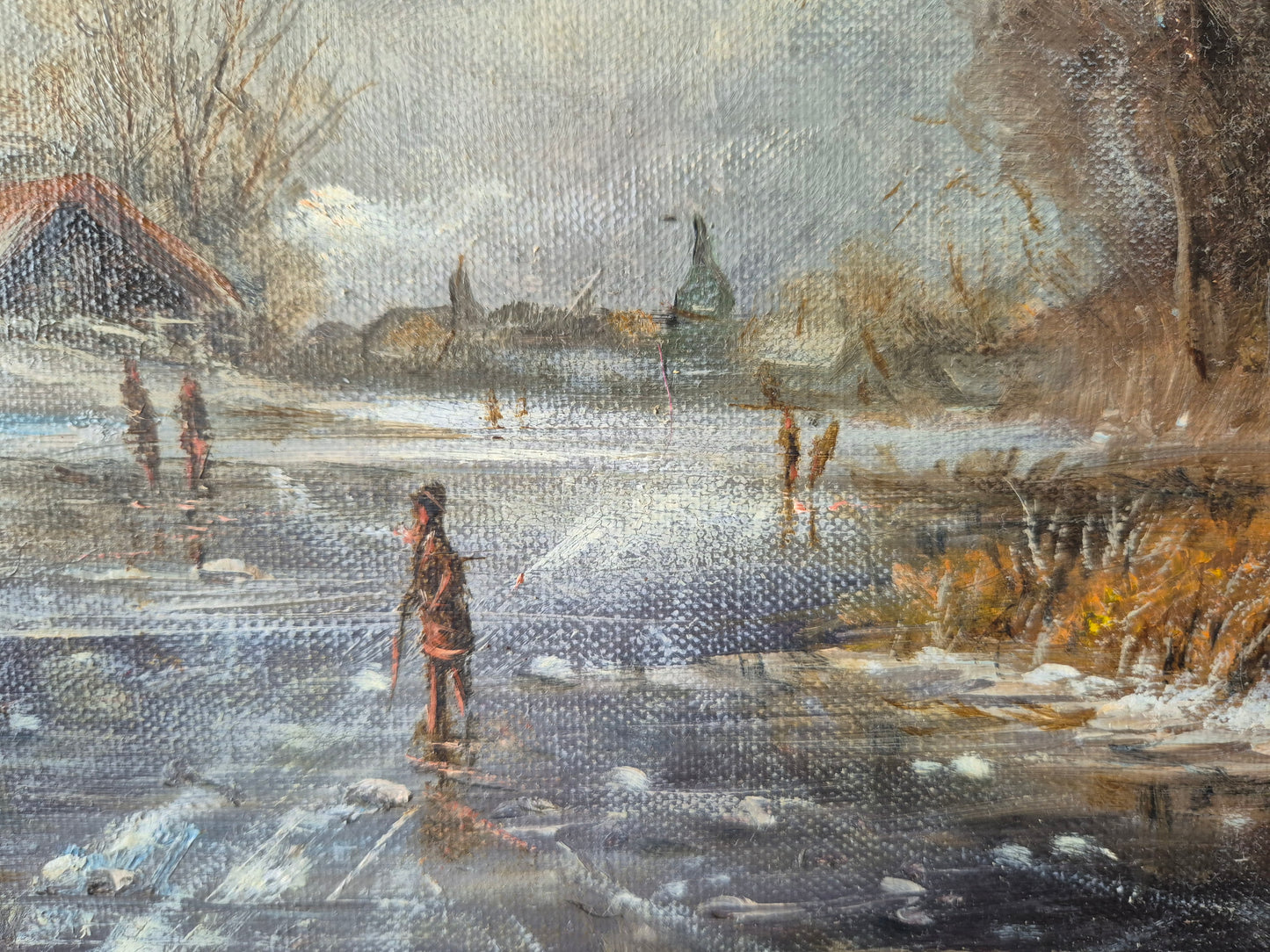 Ölgemälde Winterlandschaft Dorfszene mit Schlittschuhläufern Handsigniert