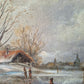 Ölgemälde Winterlandschaft Dorfszene mit Schlittschuhläufern Handsigniert