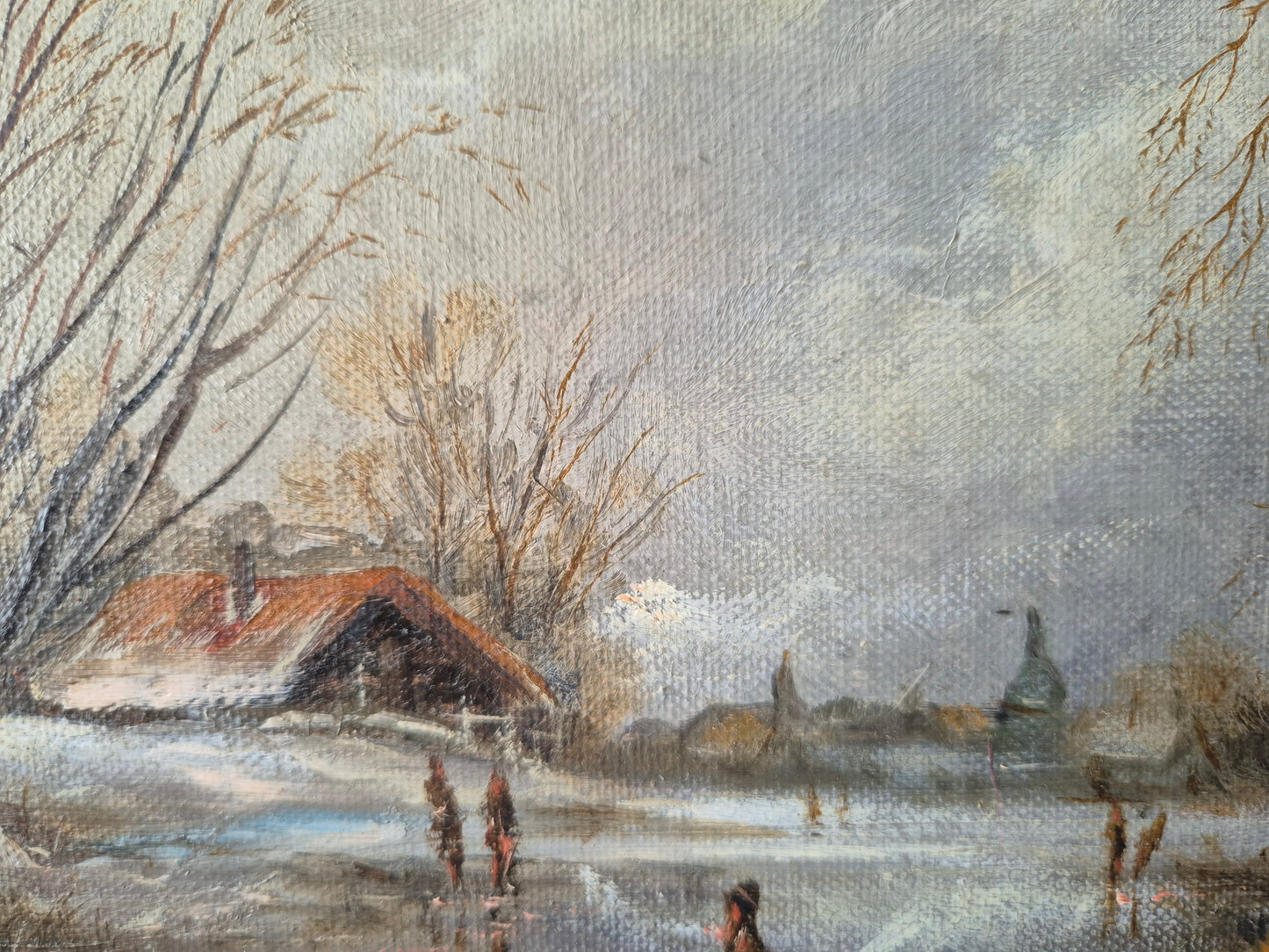 Ölgemälde Winterlandschaft Dorfszene mit Schlittschuhläufern Handsigniert