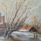 Ölgemälde Winterlandschaft Dorfszene mit Schlittschuhläufern Handsigniert