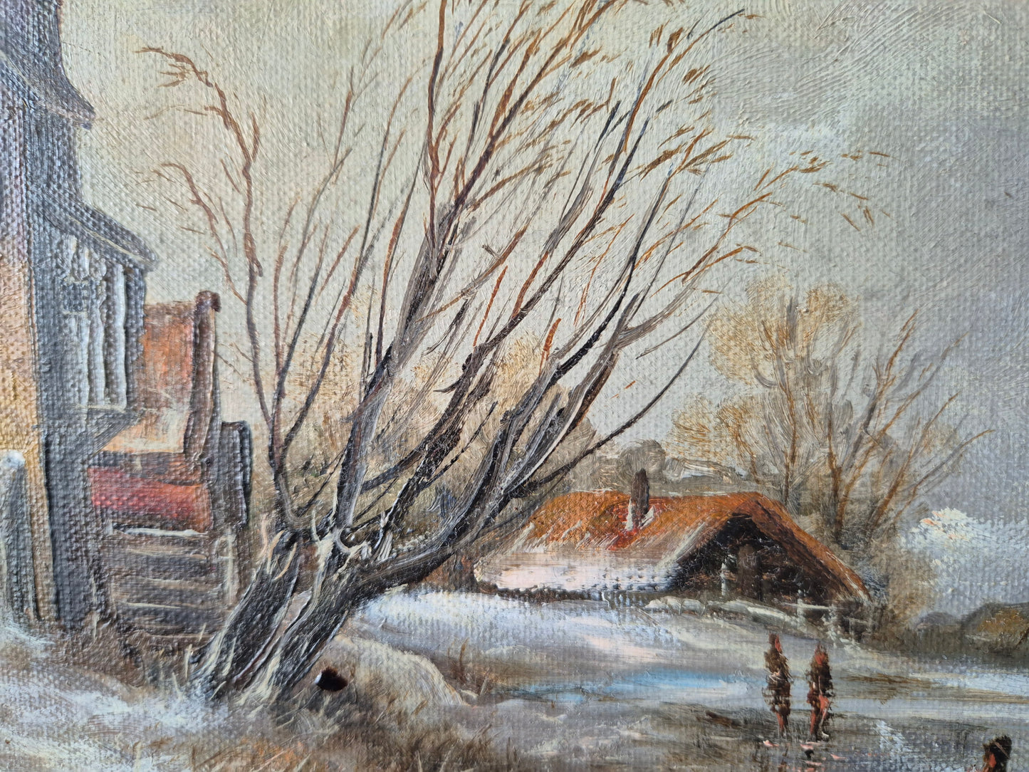 Ölgemälde Winterlandschaft Dorfszene mit Schlittschuhläufern Handsigniert