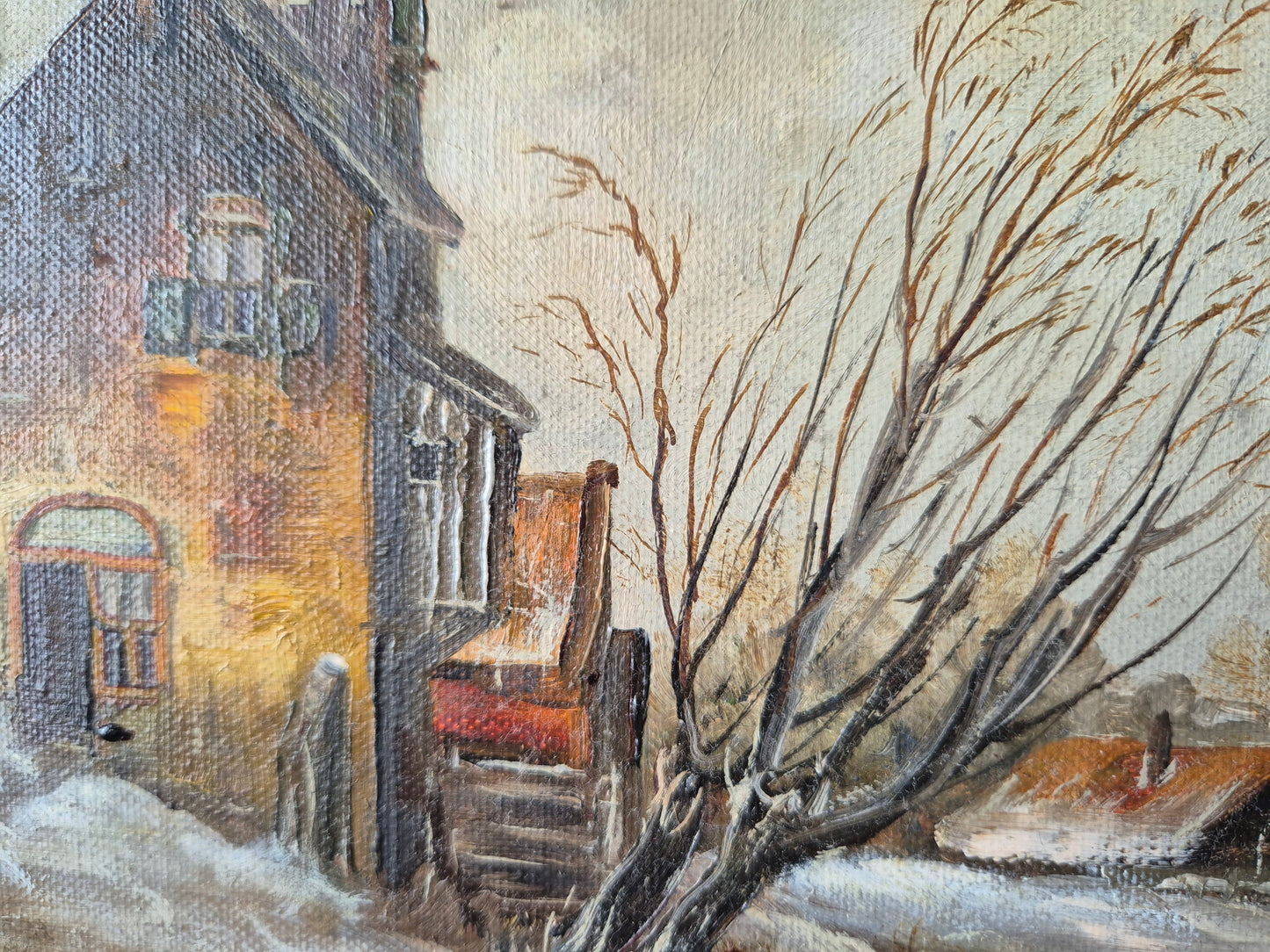 Ölgemälde Winterlandschaft Dorfszene mit Schlittschuhläufern Handsigniert