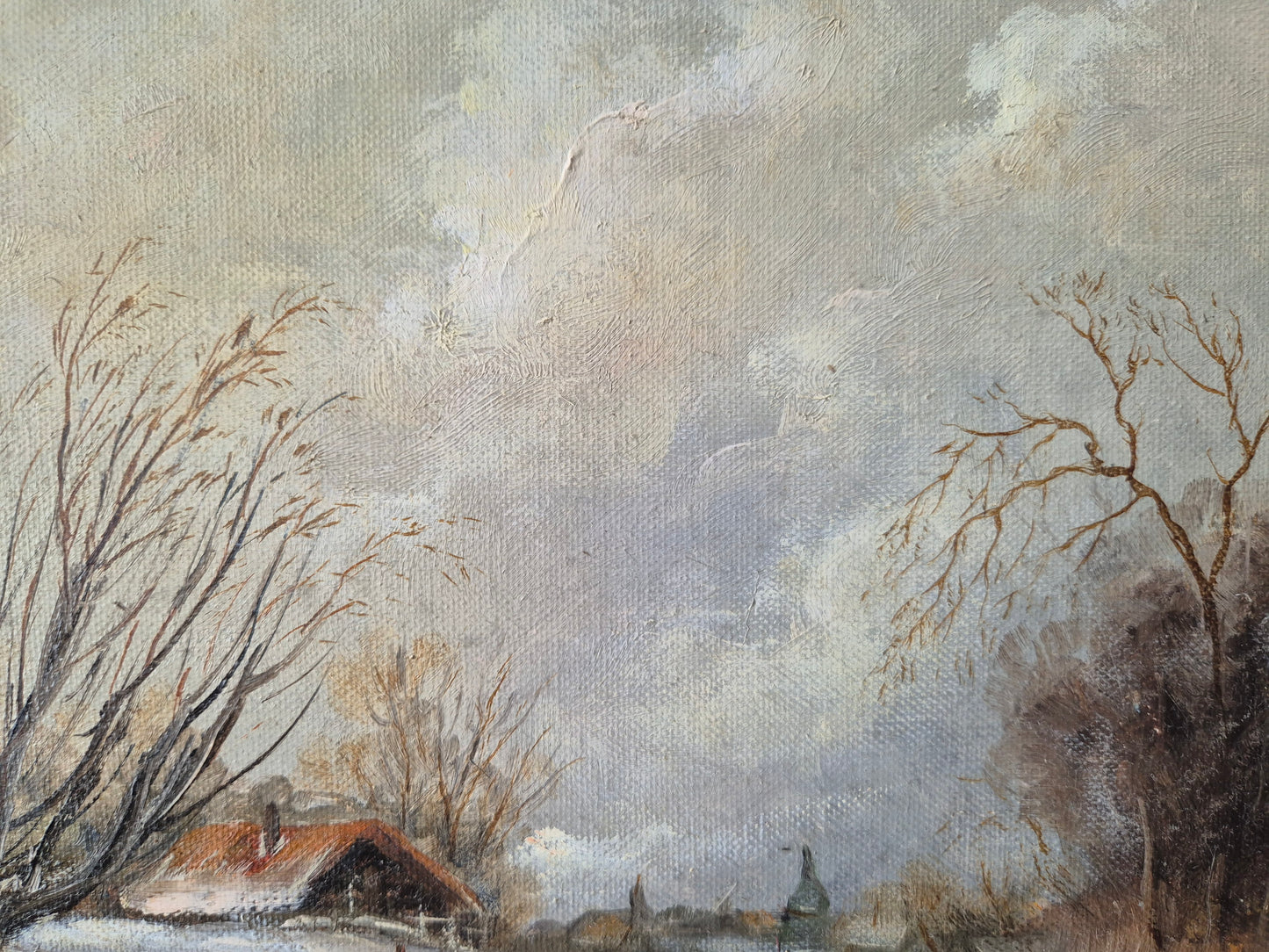 Ölgemälde Winterlandschaft Dorfszene mit Schlittschuhläufern Handsigniert