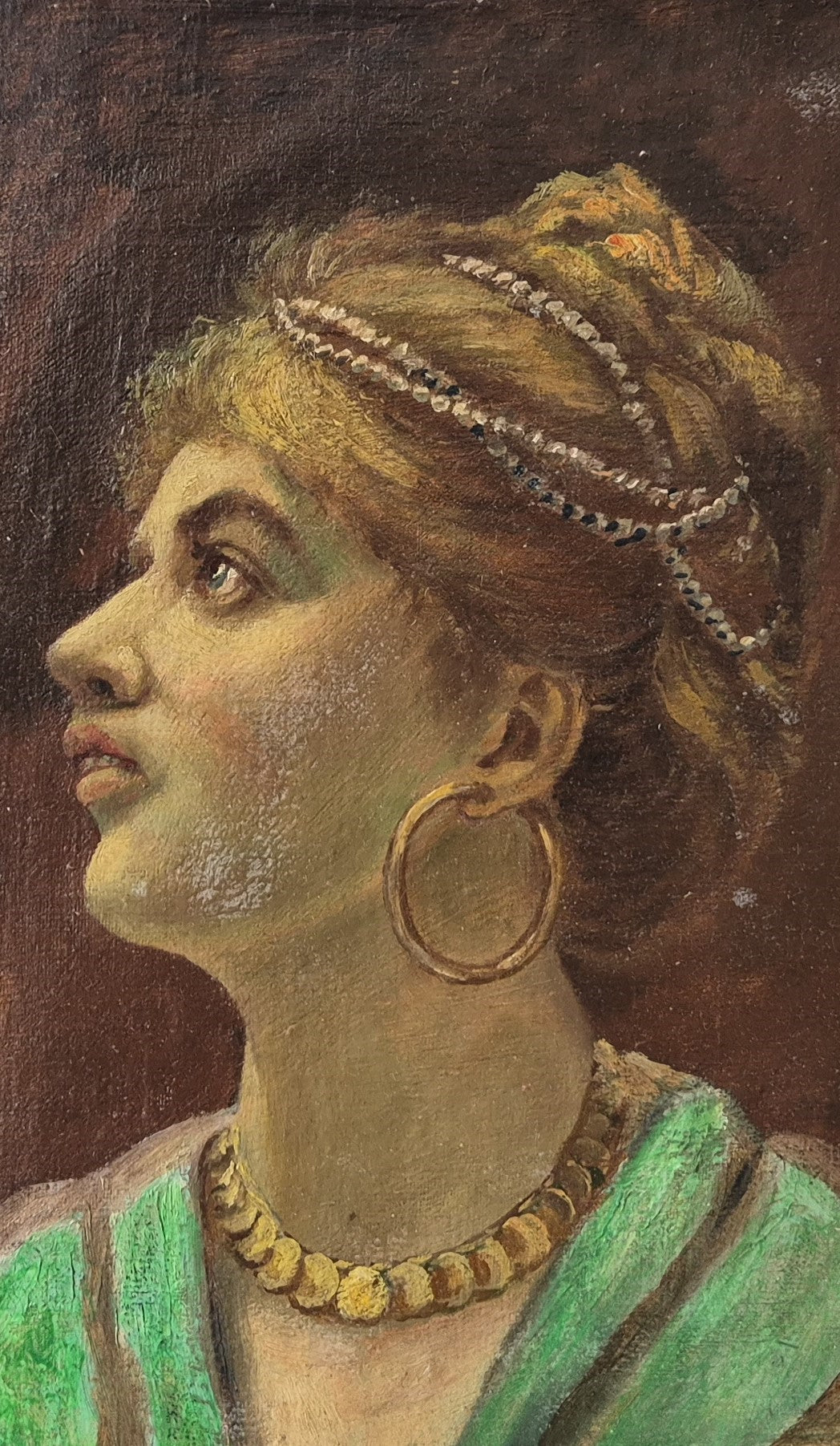 Ölgemälde seitliches Portrait einer Frau mit Schmuck Gerahmt 52x42cm