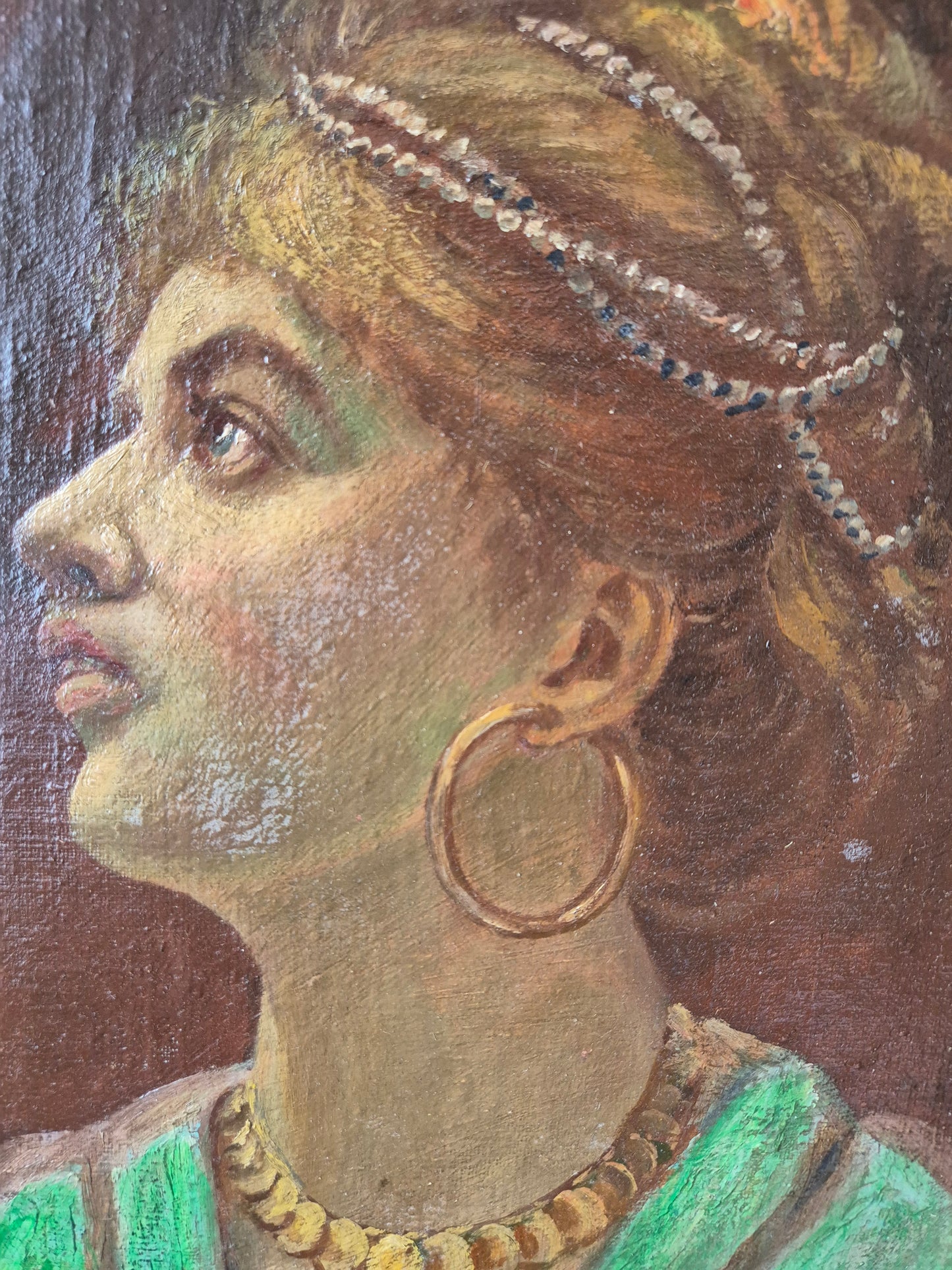 Ölgemälde seitliches Portrait einer Frau mit Schmuck Gerahmt 52x42cm