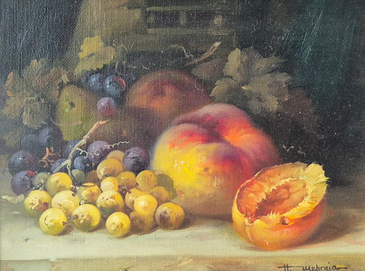 Hamid Mehrnia (geb.1942) Ölgemälde Stillleben Pfirsichen und Weintrauben